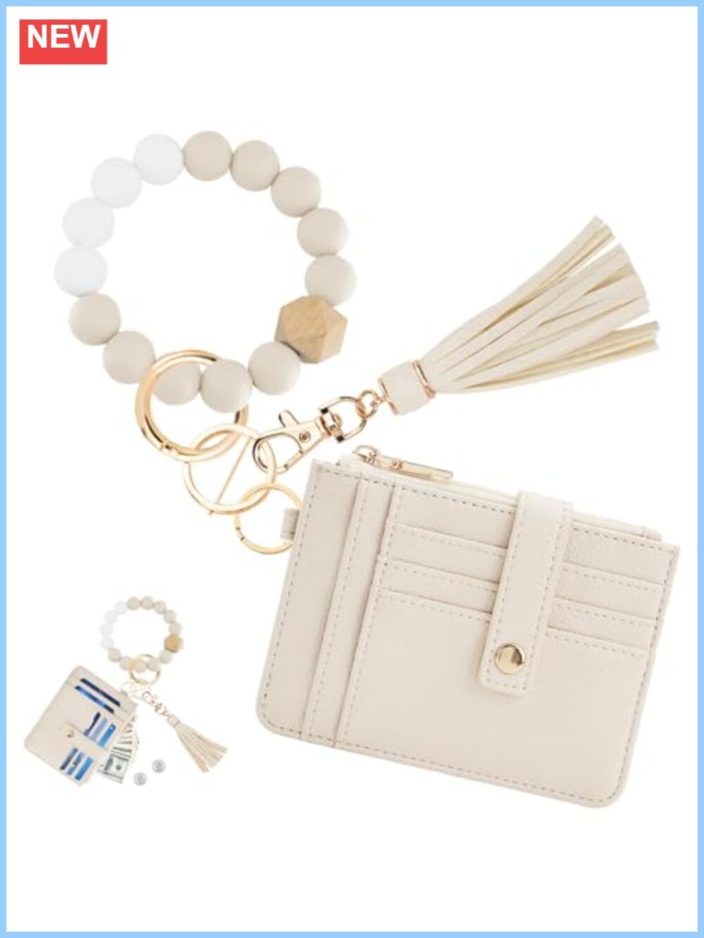 RFID Wristlet Wallet with Beaded Strap PU Leather Keychain